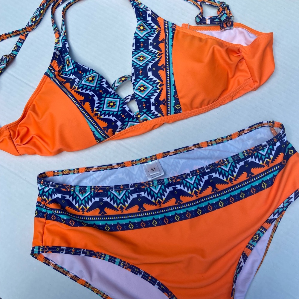 Orange and blue Aztec print 2 piece swimsuit Med